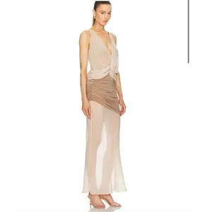 L'Academie Sleeveless Two Tone Beige Tan Chiffon Overlay Formal Evening Gown S M thumbnail 15