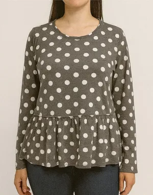 Francesca's Size Medium Gray Polka Dot Peplum Long-Sleeve Top thumbnail 1