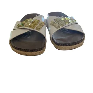 Sam & Libby white Sandals Yellow Rhinestone Coastal Birkenstock style slides thumbnail 3