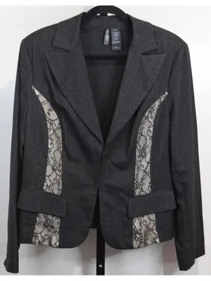 Bisou Bisou Pinstripe Blazer with Lace Panel Trim Gray Size XL Y2K Business thumbnail 1