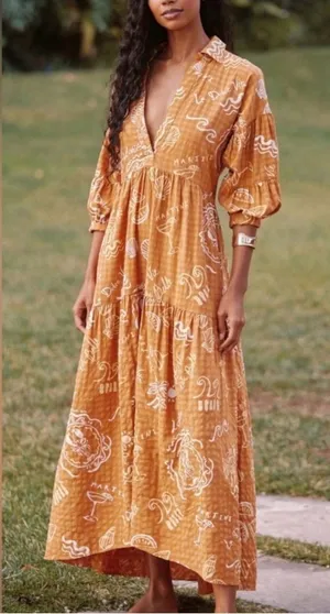 Anthropologie Carolita Printed Tiered Maxi Shirt Dress Small Beach Ocean Theme thumbnail 1