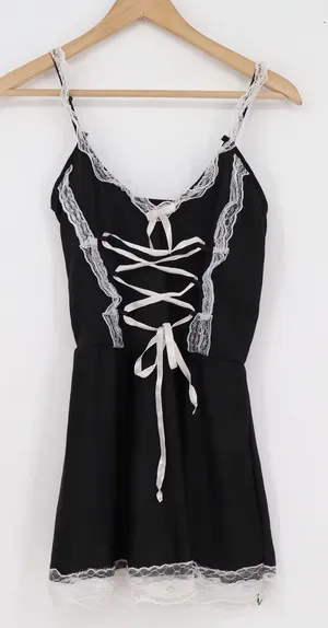 Black Lace Up Corset Mini Dress White Lace Trim Spaghetti Strap Goth Coquette thumbnail 1