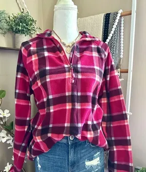 Eddie Bauer Pink/Orange Plaid Quarter Zip Fleece Pullover Sweatshirt thumbnail 1