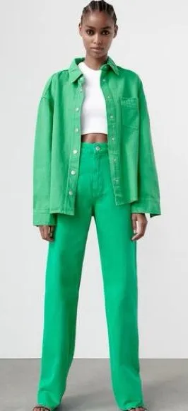 Zara High-Waist wide-Leg Jeans in Green thumbnail 1