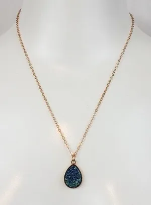 Blue Teardrop Druzy Pendant Gold Chain Necklace thumbnail 1