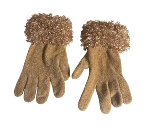 Cejon Womens Knit Gloves OS Gold Metallic Faux Fur Trim Glam Y2K Winter thumbnail 1
