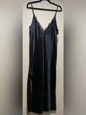 International Concepts Satin Like Lace-Trim Slip Long Nightgown Black Size M NWT thumbnail 2