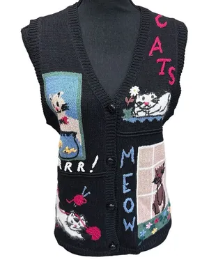 Vintage Cat Sweater Vest Capacity Women's Size Petite Medium ( MP‎ ) thumbnail 1
