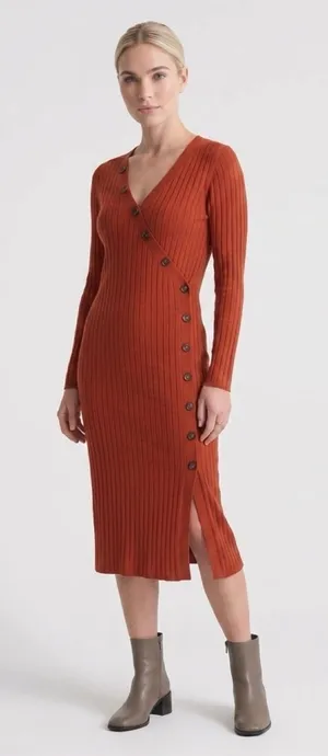 ASOS Ribbed Wrap-Style Midi Dress in Brick Red thumbnail 1