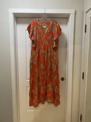 Maeve Cassandra Dress Womens XL Orange Leaf Pleated Flutter Sleeve Maxi Sundress thumbnail 2