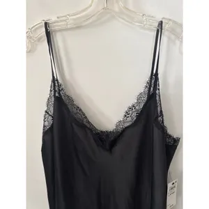 INC Black Silk Blend Lace Trim Slip Dress V-Neck Maxi Nightgown Slit Size XS NEW thumbnail 6