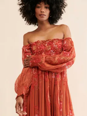 Free People Angel Eyes Brown Floral Off Shoulder High Slit Maxi Dress XS thumbnail 13