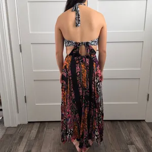 Free People Boho Floral Halter Maxi Dress in Black/Coral Cutouts Size 2 thumbnail 3