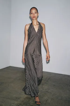 Zara Elegant Brown and White Polka Dot Halter maxi flowy Dress thumbnail 14