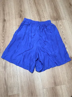 Vintage 90s Women's 100% Silk Shorts Cobalt Blue High Waisted Elastic Pockets M thumbnail 2