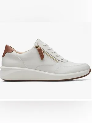 Clarks Women's White Leather Sneakers with Gold Zip and Brown Accents Size 8.5 thumbnail 5