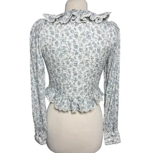 SEZANE Women’s Alexiana Blouse Blue Floral Print Quilted Long Sleeve thumbnail 8