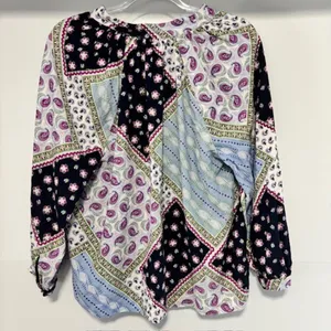 LOFT Womens L Linen Blend Patchwork Paisley Blouse Boho 3/4 Raglan Sleeve Top thumbnail 4