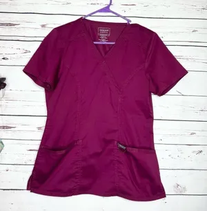 Cherokee Workwear Mock Wrap Medical Scrubs Top Burgundy Wine Size Small thumbnail 9