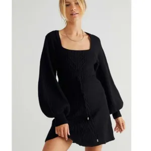 Free People Emmaline Mini Sweater Dress Black XS Cable Knit Balloon Sleeve Fall thumbnail 2