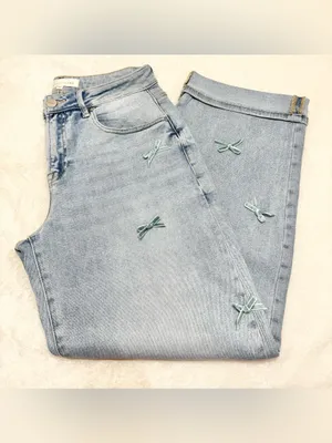 Risen Cassidy High-Rise Barrel Leg Bow Detail Cropped Blue Jeans Size 5/27 thumbnail 4