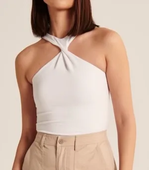 Abercrombie & Fitch Twist Neck Front Tank Cropped Crop Top Small Cream Beige thumbnail 1