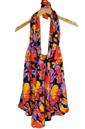 Y2K Abstract Floral Halter Top Sz Medium 100% Silk thumbnail 1