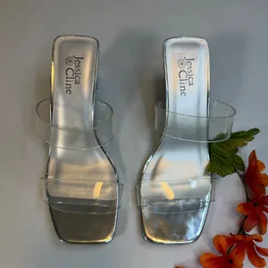 Jessica Cline Silver Metallic Clear Strap Block Heel‎ Slide Sandals Square Toe 7 thumbnail 3