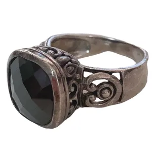 VTG 925 Sterling Silver Faceted Onyx Scroll Filigree Ring Size 6.75 Wide Band thumbnail 6