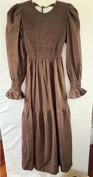 Brown Linen Maxi Dress Smocked Puff Sleeve Tiered Cottagecore DLD11313DBR thumbnail 1