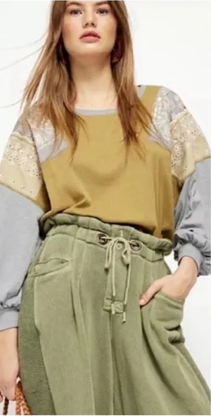 Free‎ People Feeling It Patchwork Sweatshirt Jersey Khaki Blue Paisley Small thumbnail 1
