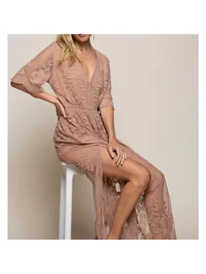 POL “Dress Me In Lace” Cotton Maxi Lace Romper Caramel Festival Coastal Boho M/L thumbnail 5