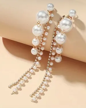 Faux Pearl Shiny Rhinestone Chain Tassel Design Dangle‎ Earrings Elegant Fashion thumbnail 1