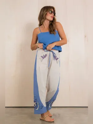 Umgee Floral Embroidered Barrel Pull On Pant Size Medium Boho-Coastal thumbnail 10