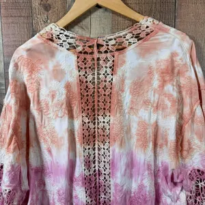 Democracy Tie Dye Crochet Kimono 1X Plus Lace Duster Swim Cover Up Pink Orange thumbnail 3