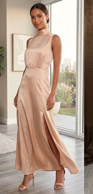 Lulus Maxi Dress S Champagne Satin Mock Neck Sleeveless Side Slit Rose Gold Prom thumbnail 1