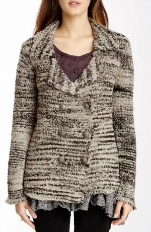 Free People Double Breasted Sweater‎ Sz S Zebra Chunky Knit Wool Blend Cardigan thumbnail 1