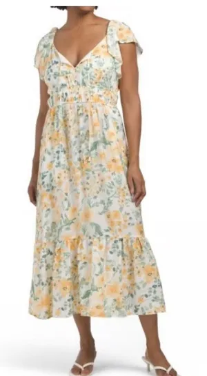 Rachel Zoe Yellow Floral Ruffle Midi Dress Smocked Waist Pockets Womens‎ Size M thumbnail 1