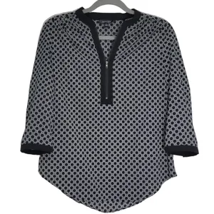 spense‎ women black white geometric print 3/4 sleeve zip neck tunic blouse top S thumbnail 1