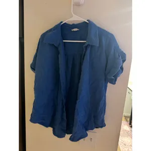 Caslon Women Blue Double Gauze Cotton Short Sleeve Button Up Shirt Large thumbnail 2
