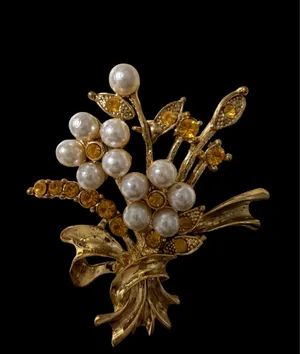 Vintage Gold Tone Floral Bouquet Brooch Faux Pearl Amber Rhinestone Pin thumbnail 10