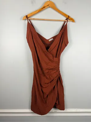 Free People Dylan V-neck brown faux Wrap Mini dress. Sz M thumbnail 4