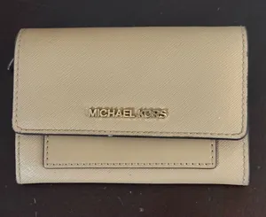 Michael Kors Tan Saffiano Leather Compact Wallet with Gold Logo thumbnail 1