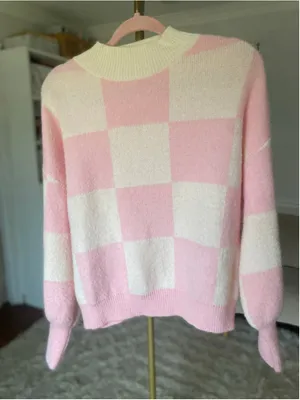 Pink & Cream Checkerboard Sweater Mock Neck Cozy Knit Buttery Soft Quiet‎ Luxury thumbnail 3
