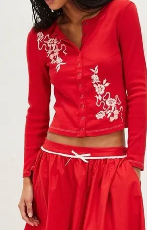 NEW Free People Candy Cane Lane Beaded Long Sleeve Snap Buttons Top Sz XS thumbnail 1