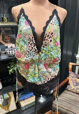 I.N.C. Floral Leopard Print Lingerie Romper with Black Lace Trim – Size Large thumbnail 1