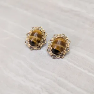 Vintage Clip On Earrings Tigers Eye with Ornate Halo Brown & Gold Tone Earrings thumbnail 2