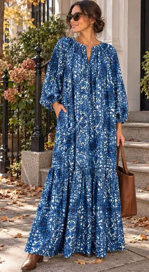 Tuckernuck NWT Womens XS Blue White Floral Cotton Tiered Maxi Dress Pockets thumbnail 1
