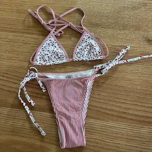 Frankie's Bikinis Red and White Striped & Cherry Print Triangle Bikini thumbnail 1