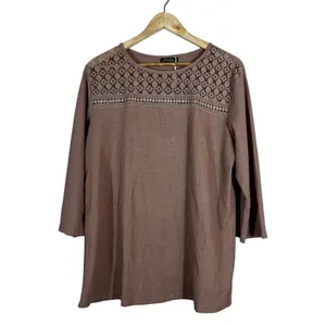NWT Ofeefan Waffle Knit Lace Yoke Pullover Top Mauve Boho 3/4 Sleeve Size XL thumbnail 2